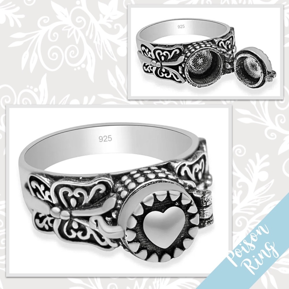Sun, Heart, Butterfly Vintage-Inspired Silver Artisan Poison Ring, Sizes 6, 7, 8